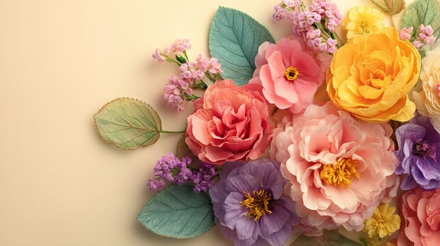 Fresh colorful spring flowers on pastel background with copy space

