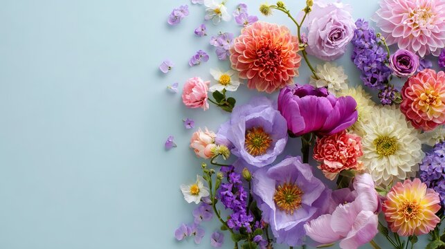 Fresh colorful spring flowers on pastel background with copy space
