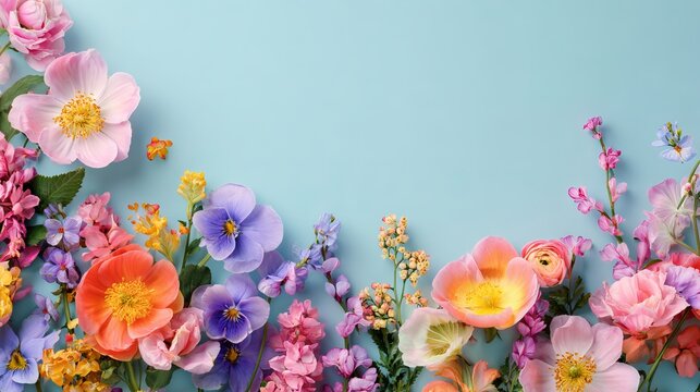 Fresh colorful spring flowers on pastel background with copy space
