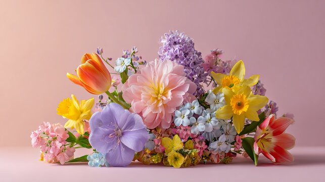 Fresh colorful spring flowers on pastel background with copy space
