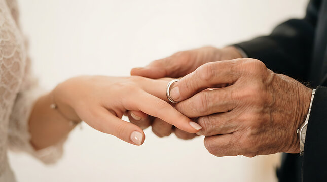 Close-up of an elderly hand placing a wedding ring on a bride's finger during a marriage ceremony