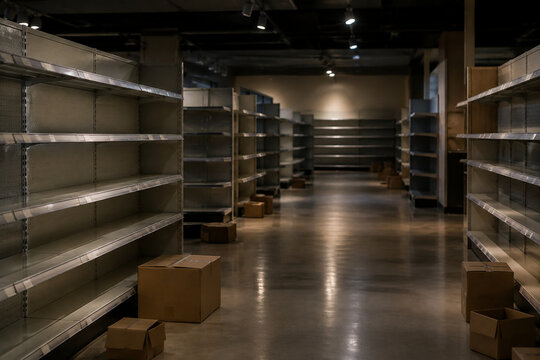Empty retail shelves with cardboard boxes in closed store, divest and liquidation concept