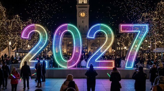Colorful 2027 new year digital light display at nighttime celebration