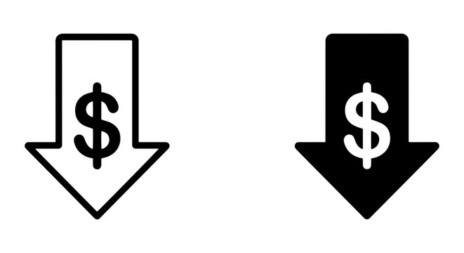 Dollar Sign Down Arrow Icons, Price Reduction Vector Set, Cost Decrease Symbols