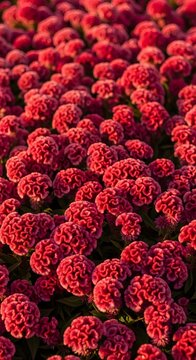 Vibrant red cockscomb flowers blooming in a lush garden field