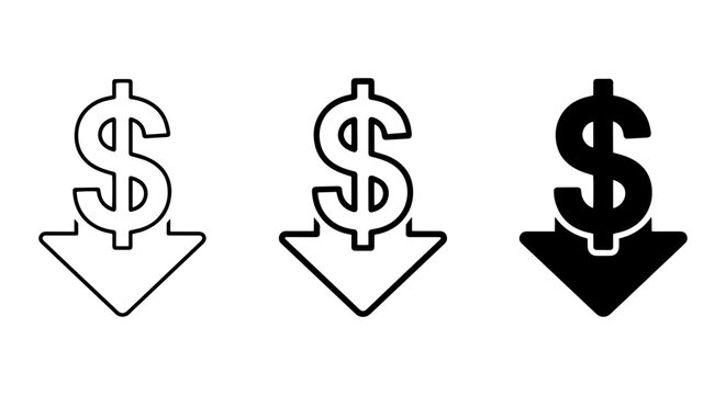 Dollar Sign Down Arrow Icons, Financial Decrease Symbols, Money Loss Vector Graphics