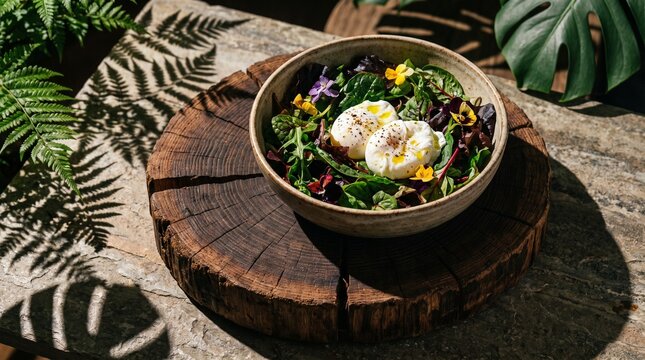 gourmet dish with fresh salad served on a wooden tray