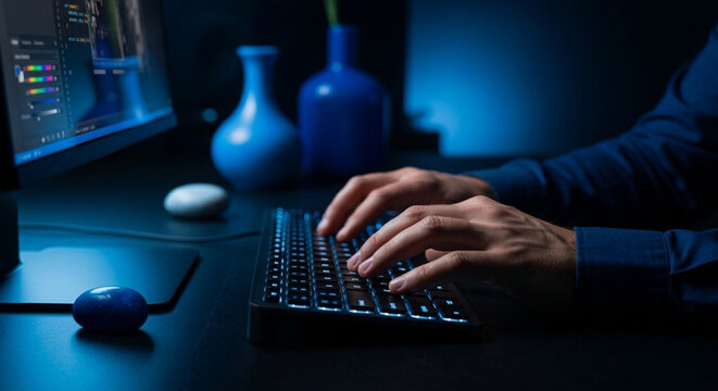 Hands Typing On Illuminated Keyboard In Dimly Lit Creative Workspace
