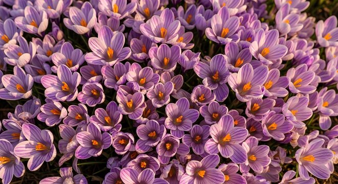 Beautiful purple crocus flowers blooming in a garden during the spring season