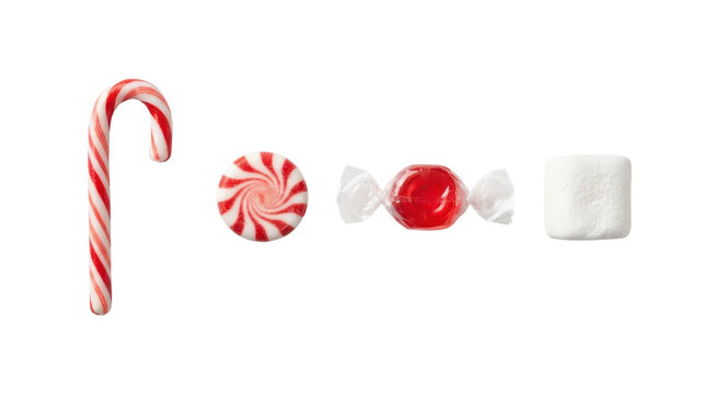 Red and white striped candy cane, peppermint swirl, red hard candy, marshmallow isolated on white