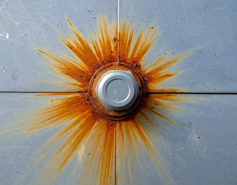 Close-up of rusty metal bolt with orange corrosion burst pattern on weathered surface