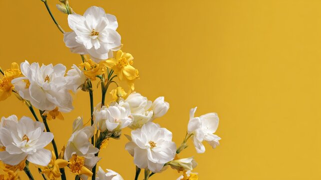 White and yellow spring flowers on bright yellow background
