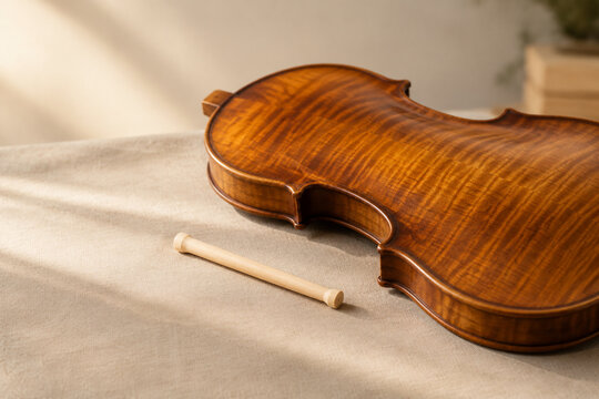 Violin back plate and soundpost on linen, classical music craftsmanship concept