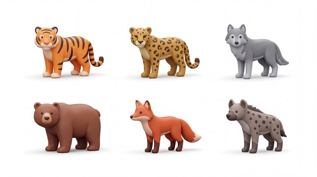 Colorful Cartoon Animal Figures Set Including Tiger Leopard Wolf Bear Fox and Hyena