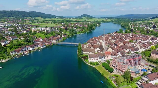 Aerial view of the westernmost part of Lake Constance near Eschenz with the historic old town of Stein am Rhein, Canton Thurgau, Switzerland