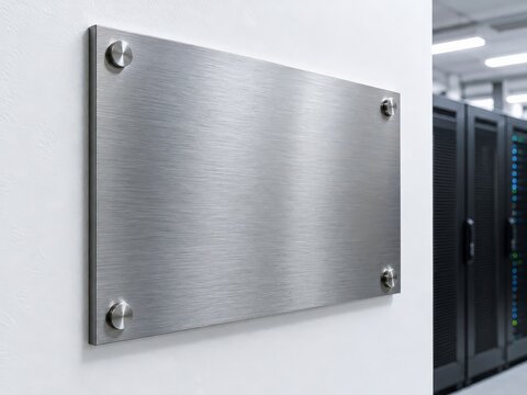 Brushed metal certification plaque mounted on bright wall in data centre with no lettering or logos visible