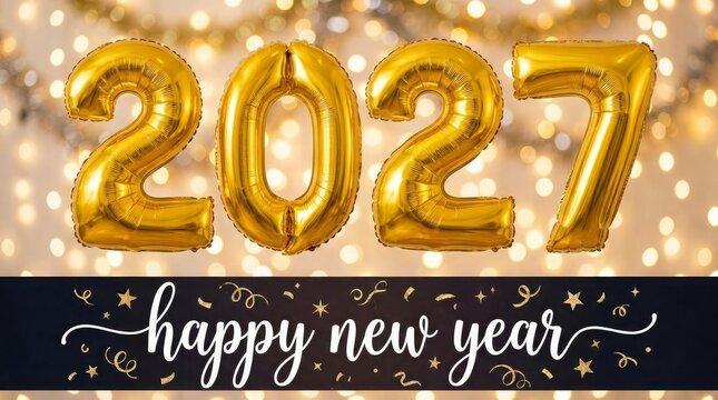Happy new year 2027 golden foil balloons with festive background