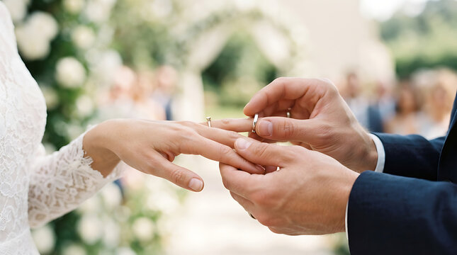 Close up of a groom placing a wedding ring on the bride's hand during a romantic marriage ceremony in an outdoor garden setting