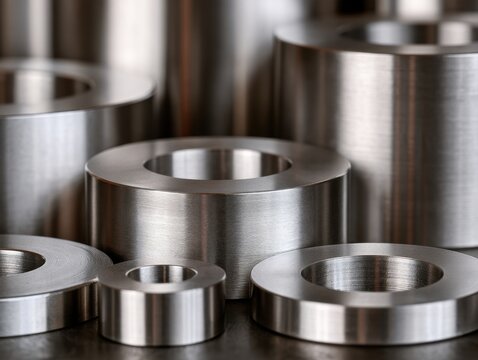 Clean Machined Metal Parts Arranged by Size for Industrial Use