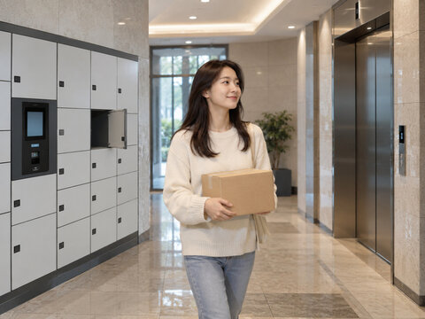 Korean Apartment Parcel Locker Series - Carrying a Delivered Package Through an Apartment Lobby