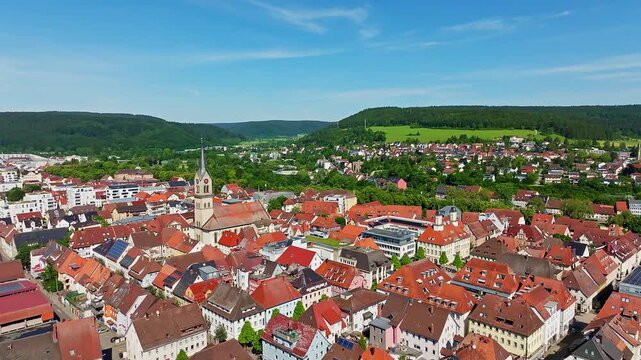 Aerial view of the town centre of Tuttlingen with the Protestant church of St. Peter and Paul, district of Tuttlingen, Black Forest, Baar, Heuberg, Baden-W&uuml;rttemberg, Germany