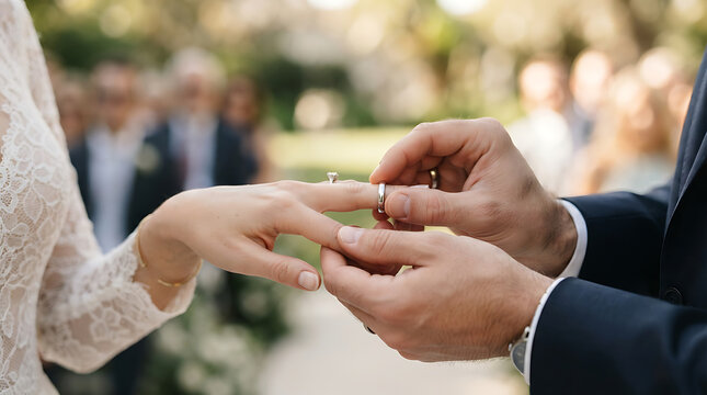 Wedding ceremony close-up as groom places wedding ring on bride's finger during vows, symbolizing union and commitment