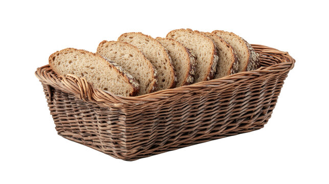 Rustic sliced bread loaf in wicker basket, fresh bakery food, isolated on white background