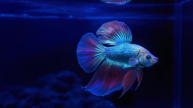 Siamese fighting fish swimming in dark blue aquarium water
