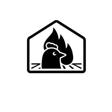 A charming and bold vector logo featuring a chicken or rooster silhouette over grill grates with roaring flames, enclosed inside a simple house-shaped outline.