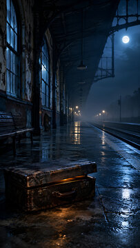 Old vintage suitcase glowing from inside on rainy train platform at night