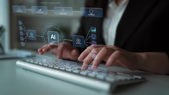 A person types on a keyboard. An agentic network links input routing with contextual reasoning, illustrating how an AI agent organizes information before producing a response.