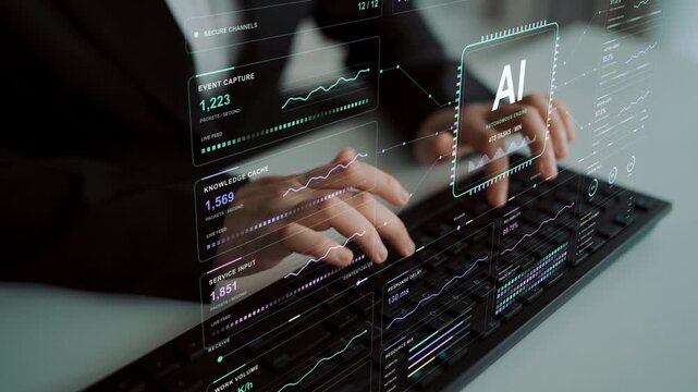 A person types on a keyboard. Multi-agent monitoring connects decisions and execution with performance evidence, illustrating the role of traces and checks in autonomous operations.