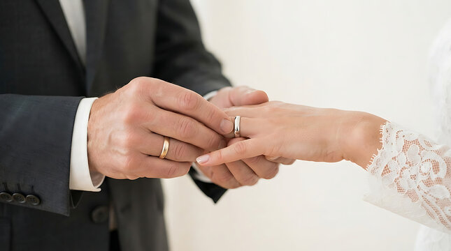 Groom putting elegant wedding ring on bride finger during romantic marriage ceremony