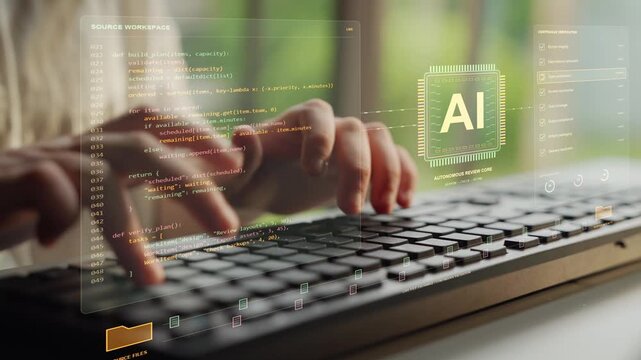 Hands type on a keyboard. Source code progresses through AI review and quality checks, illustrating a path from synchronized files to tested, validated and packaged outputs.