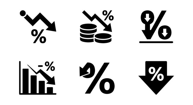 Financial Decline Icons: Percentage Down Arrows, Stacked Coins, Bar Charts, Stock Market Crash