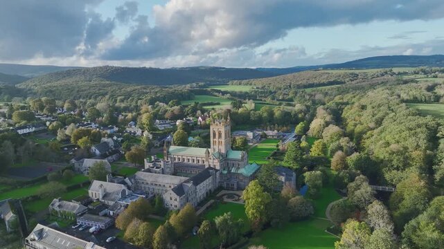 Buckfast Abbey from a drone, Devon, England, United Kingdom