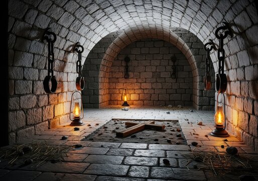 An ancient underground stone chamber featuring heavy iron shackles, flickering oil lamps, and a simple wooden cross on a dusty floor space, relics, secret, old