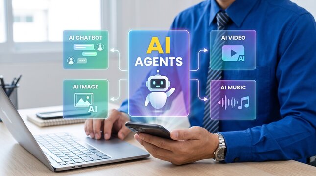 Man holding phone with ai agents interface with artificial intelligence interface screen holds phone technology smartphone digital chatbot person with Robot