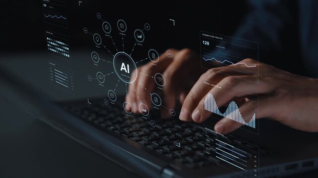 An AI services network combines contextual knowledge and workflow activity with security checks, illustrating the coordination of connected business systems.