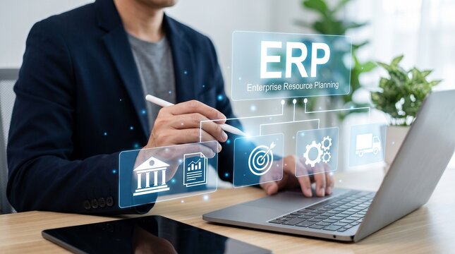 Businessman interacting with erp system on laptop with enterprise resource planning businessman using system interface organization technology with Management