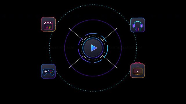 Futuristic technology interface with glowing media control icons and animation