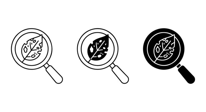Magnifying Glass Inspecting Diseased Leaf Icons, Plant Pathology Research, Vector Graphics