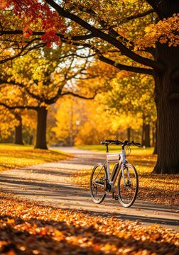 A sleek electric bicycle travels along a winding park path surrounded by golden autumn trees and fallen orange leaves in the warm sunlight, electric bicycle, leisure, vibrant