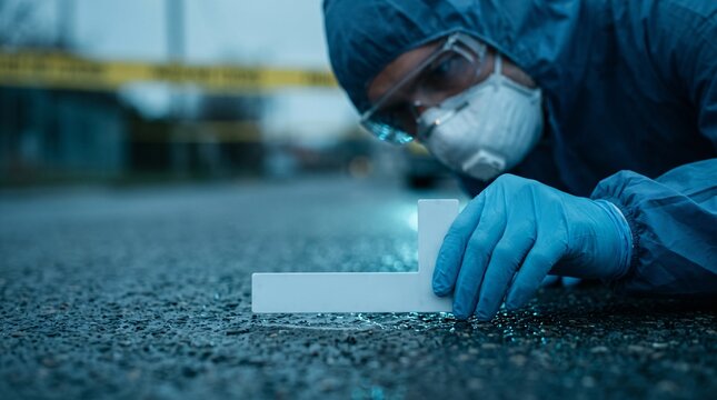 Ground level macro view of forensic technician placing plastic l shaped scale ruler beside physical evidence trace on damp asphalt road at cordoned perimeter during blue hour twilight