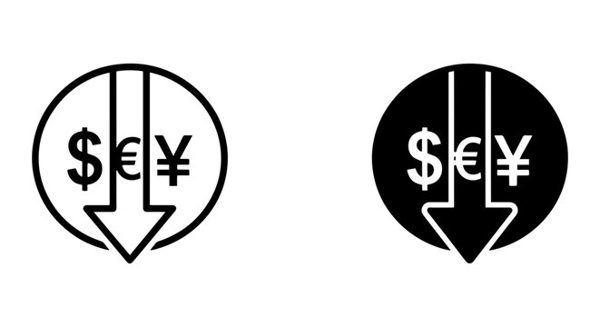 Currency Down Arrow Icons, Financial Loss Symbols, Economic Decline Vector Set