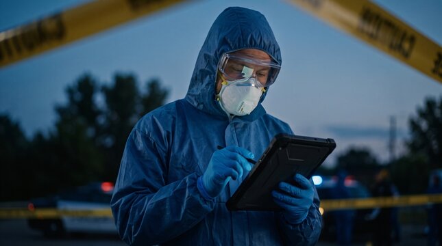 Forensic detective in protective hazmat suit analyzing criminal data on rugged digital tablet with glowing screen along cordoned investigation perimeter during cold evening blue twilight