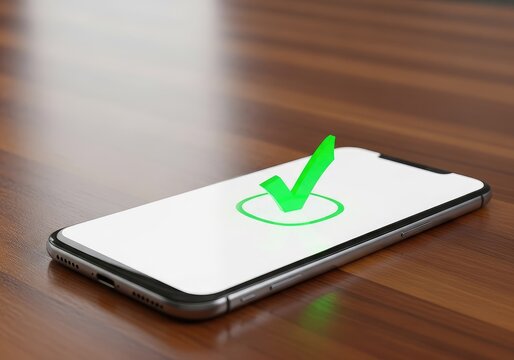 A sleek smartphone rests on a wooden table, showing a bright green check mark graphic on its screen to signify successful operation, secure, quality, tick