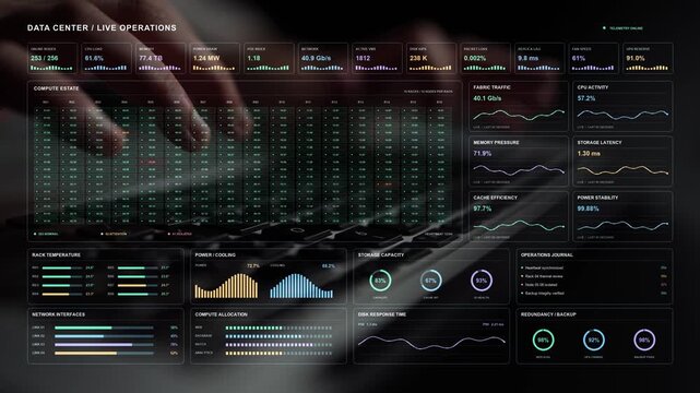Power efficiency, temperature and resource utilization are tracked alongside backups and replication, illustrating several aspects of reliable data center operations.
