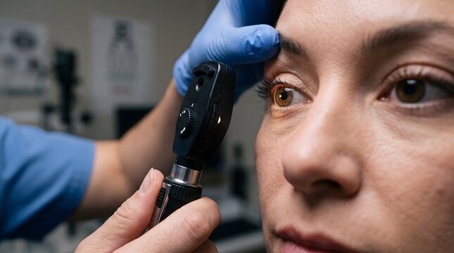 Close-up of optometrist examining patient eye with ophthalmoscope in medical clinic
