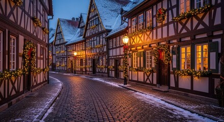 Fototapeta premium Glowing holiday lights and green wreaths decorate traditional timbered houses along a quaint cobblestone street in a quiet winter village, illumination, fairytale, decorations